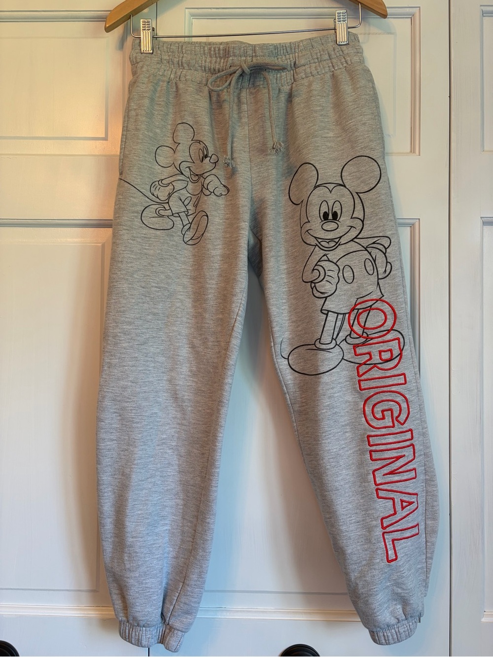 Disney Grey Sweatpants with Mickey Mouse Outlines and Red 'ORIGINAL' Accent